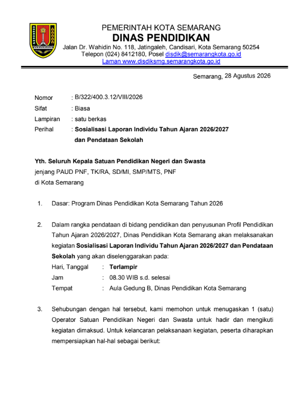 Undangan Sosialisasi Laporan Individu Tahun Ajaran 2026/2027  dan Pendataan Sekolah
